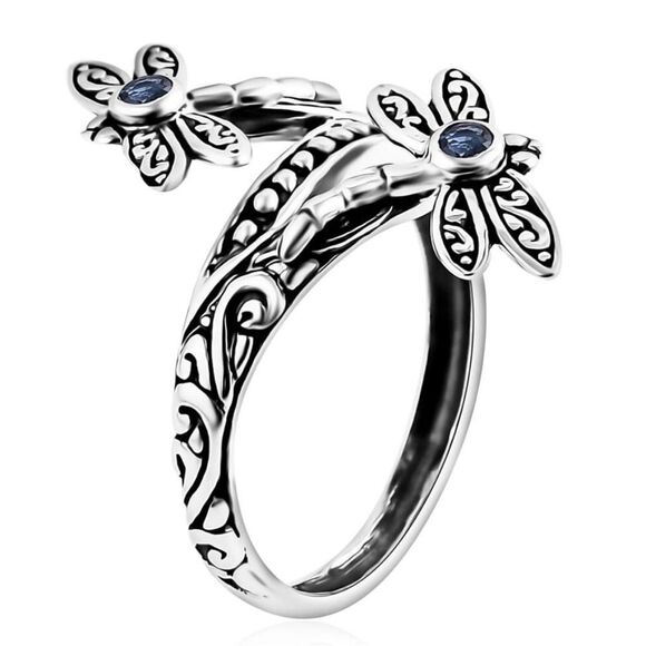 Elegant Sterling Silver Dragonfly Ring Kanchanaburi Blue Sapphires 0.25ctw - Picture 5 of 12